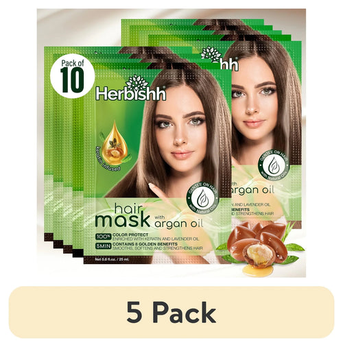 (5 Pack)  Deep Nourishing Argan Oil Hair Mask - 25Ml X 10 Pouches, Keratin Infused for Dry, Damaged, Color-Treated Hair, Sulfate & Paraben-Free, Travel-Friendly Pack