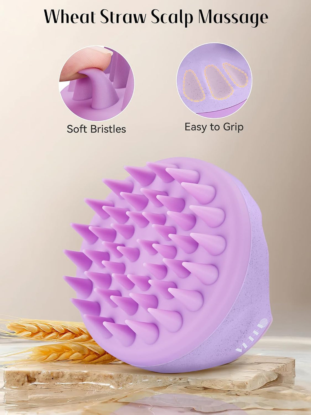 Scalp Massager Hair Growth Brush with Soft Silicone Bristles, Wheat Straw Handle, 2 Count (Beige & Purple, Round, All Hair Types)