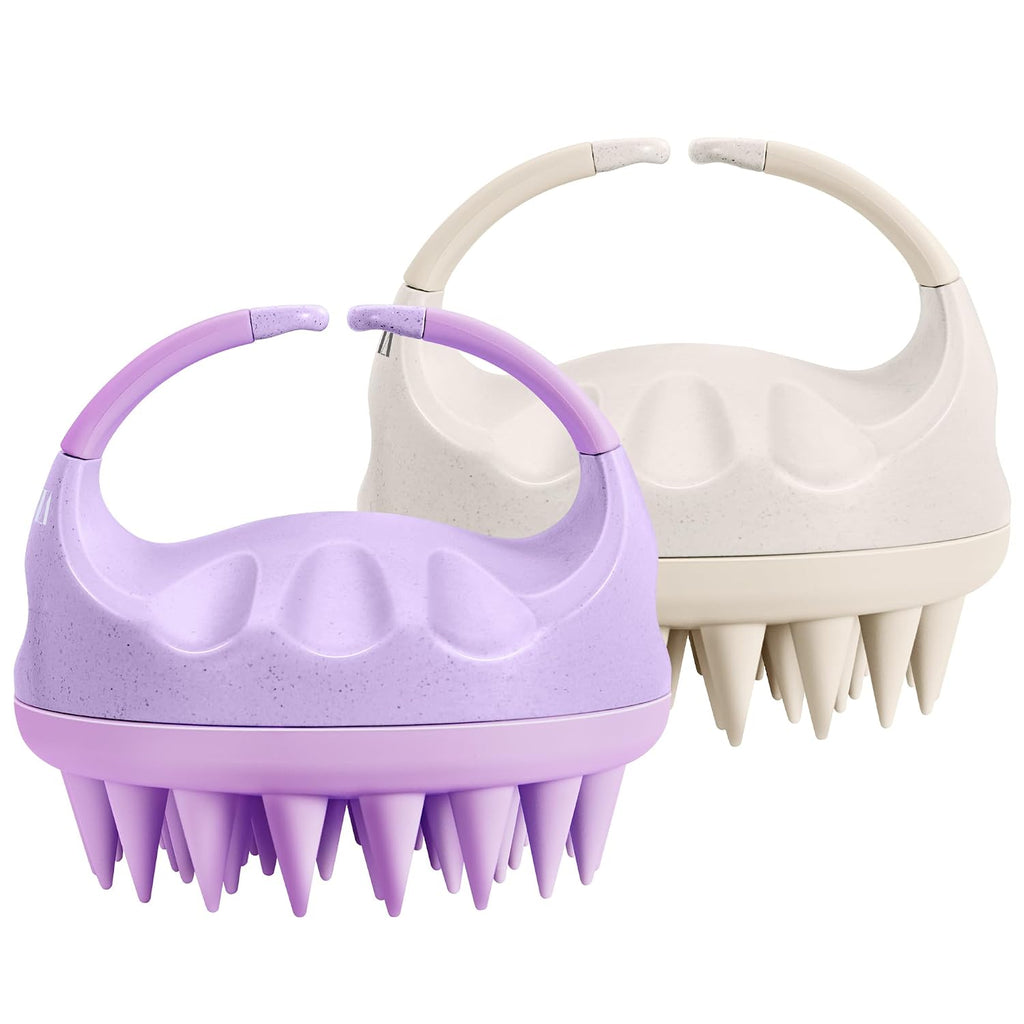Scalp Massager Hair Growth Brush with Soft Silicone Bristles, Wheat Straw Handle, 2 Count (Beige & Purple, Round, All Hair Types)