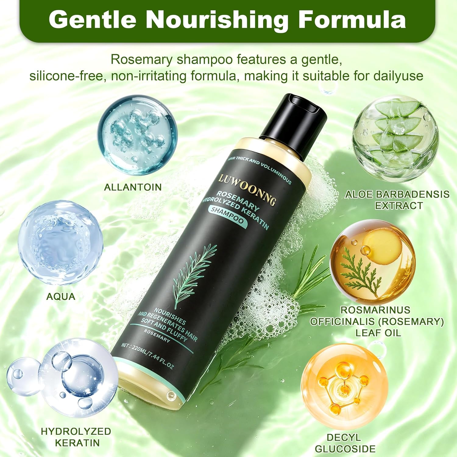 Rosemary Shampoo, Hair Growth Shampoo with Hydrolyzed Keratin, Nourishes Repairs Dry Damaged Thinning Hair, Unisex